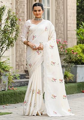 White Embroidered Cotton Saree Set With Blouse