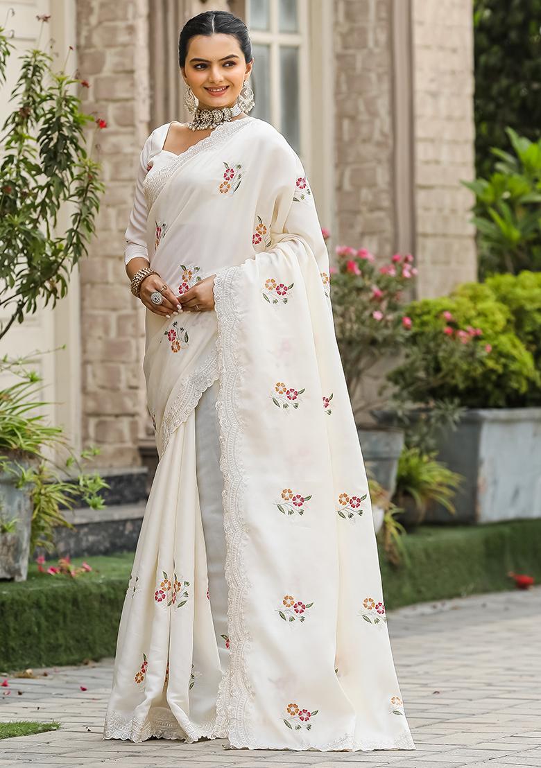 White Embroidered Cotton Saree Set With Blouse