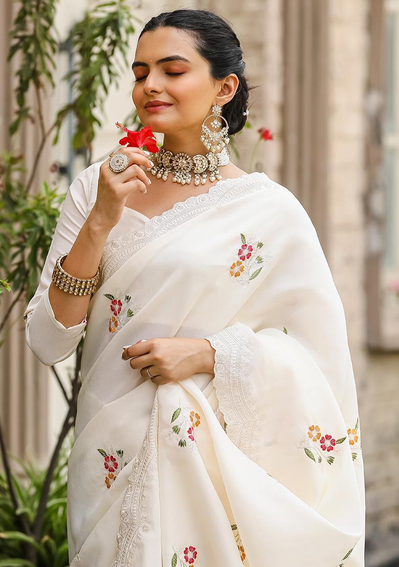 White Embroidered Cotton Saree Set With Blouse