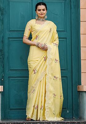 Yellow Embroidered Cotton Saree Set With Blouse