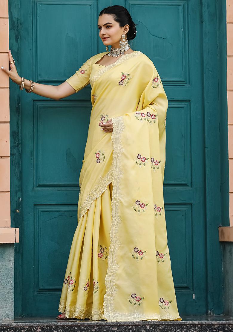 Yellow Embroidered Cotton Saree Set With Blouse