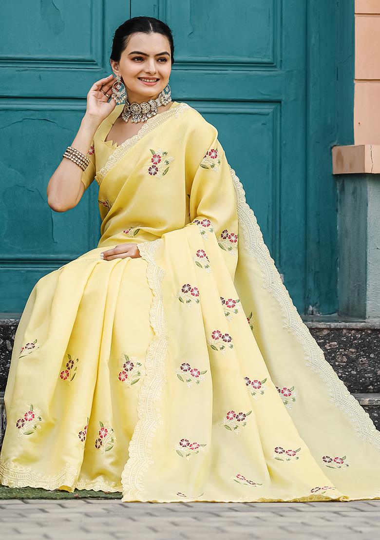 Yellow Embroidered Cotton Saree Set With Blouse
