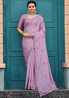 Lavender Embroidered Cotton Saree Set With Blouse