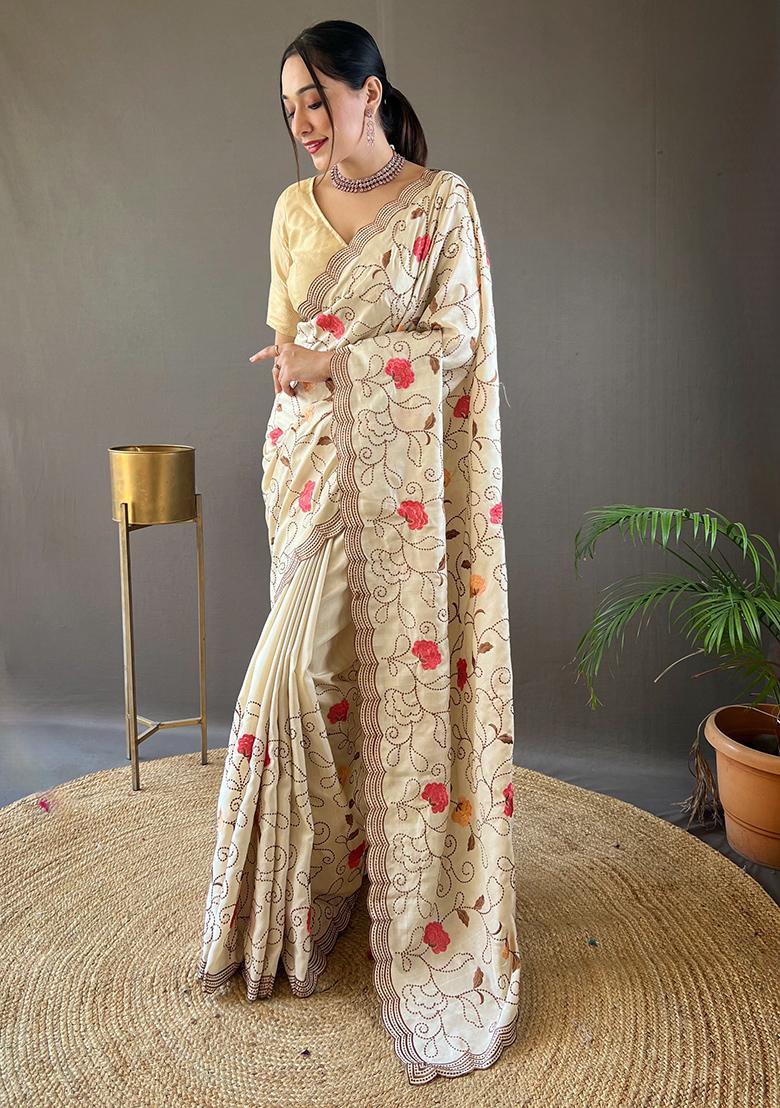 Cream Embroidered Pure Tussar Silk Saree Set With Blouse