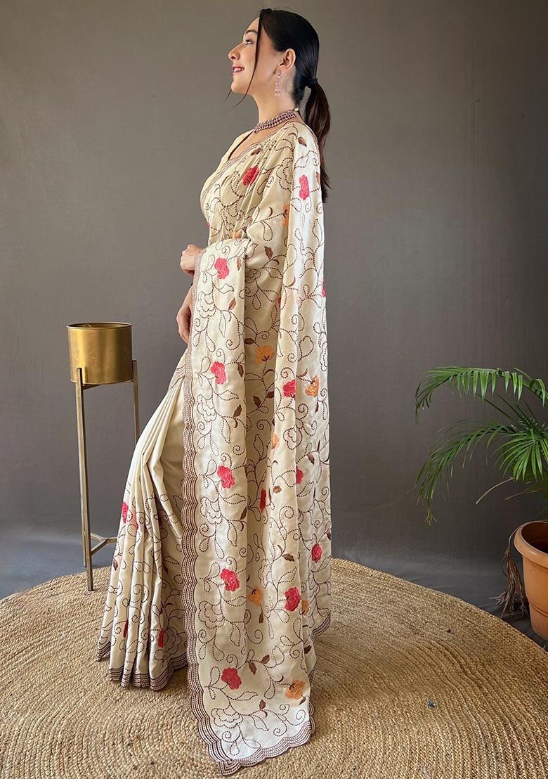 Cream Embroidered Pure Tussar Silk Saree Set With Blouse