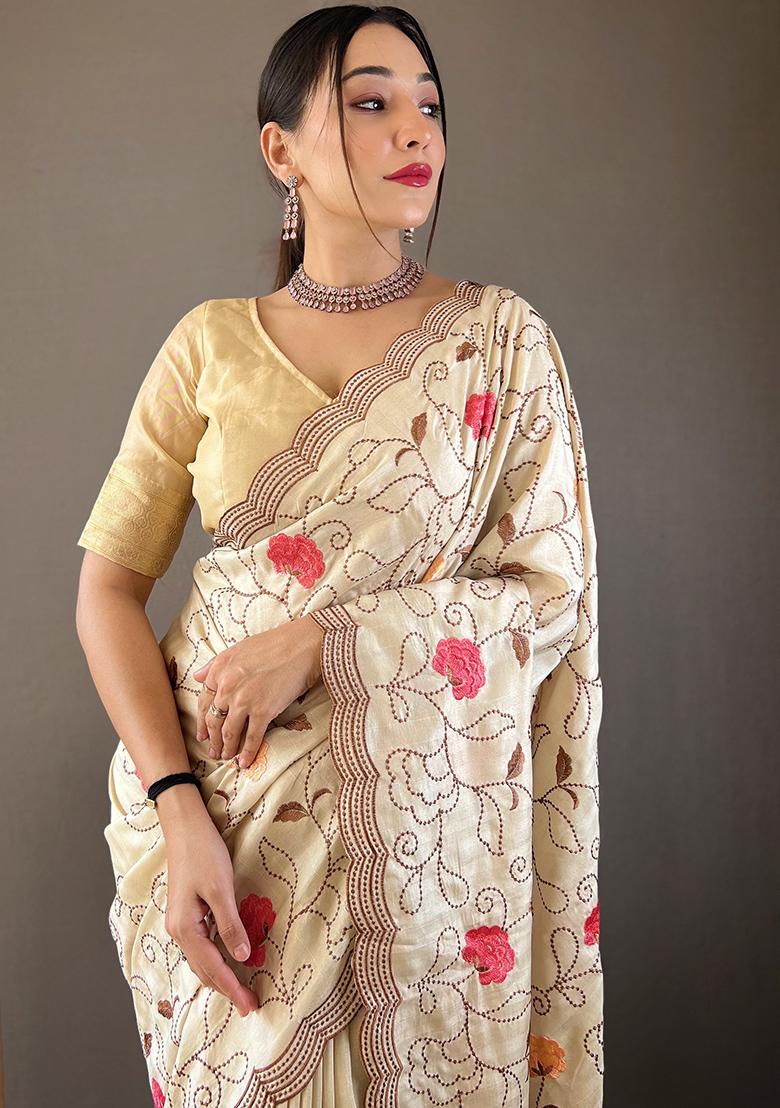 Cream Embroidered Pure Tussar Silk Saree Set With Blouse