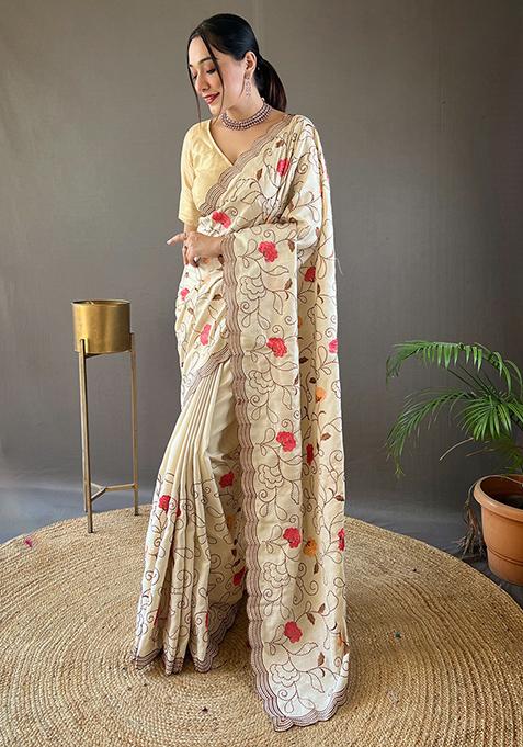 Cream Embroidered Pure Tussar Silk Saree Set With Blouse
