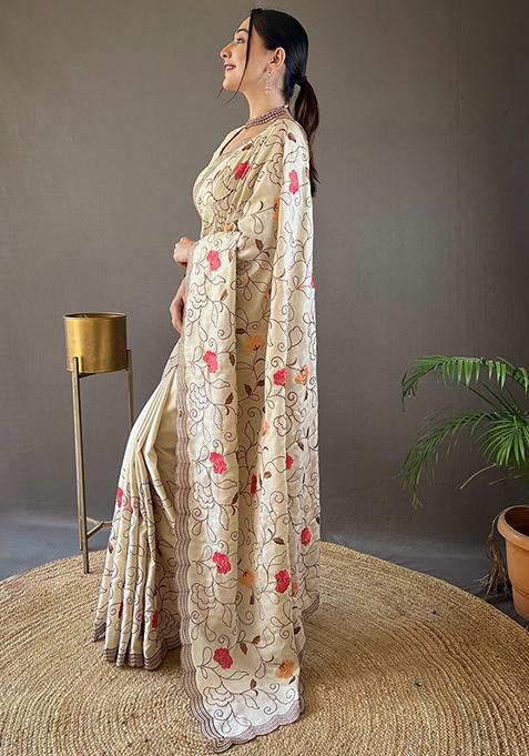 Cream Embroidered Pure Tussar Silk Saree Set With Blouse