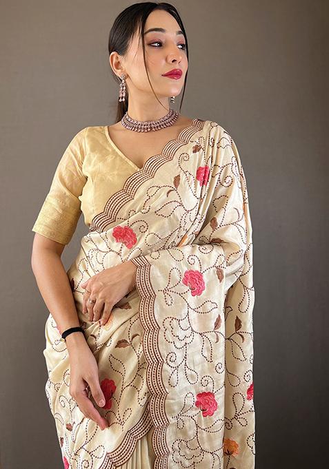 Cream Embroidered Pure Tussar Silk Saree Set With Blouse