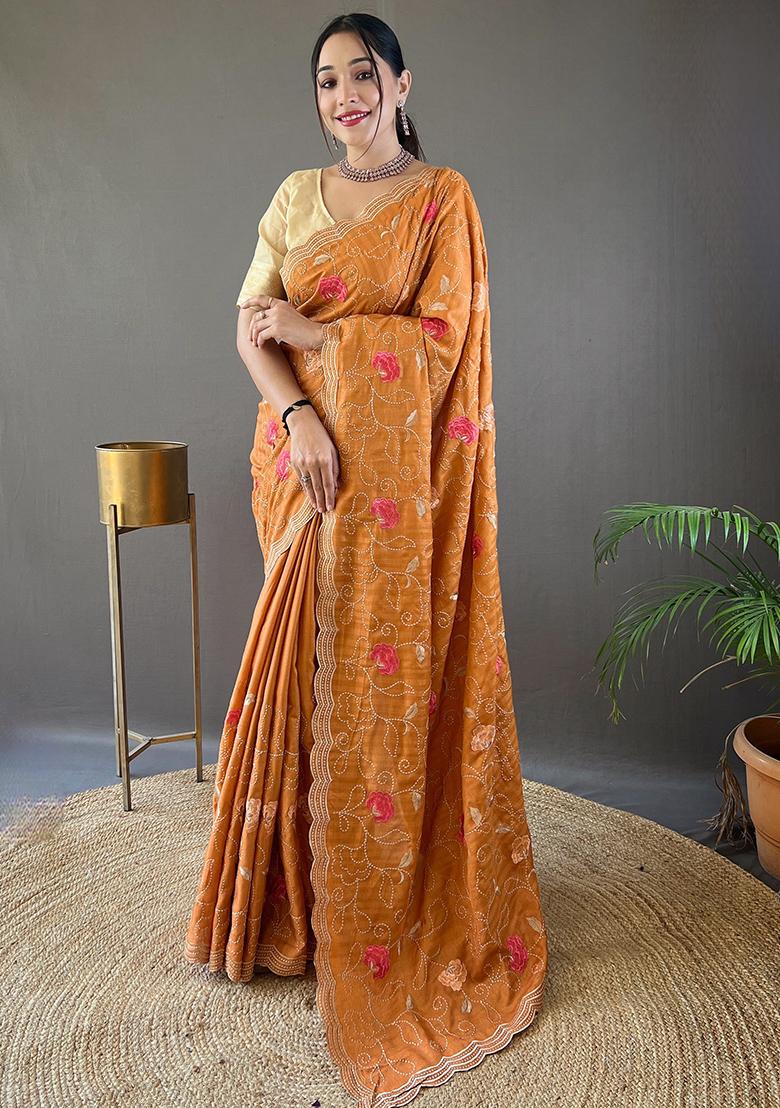 Orange Embroidered Pure Tussar Silk Saree Set With Blouse