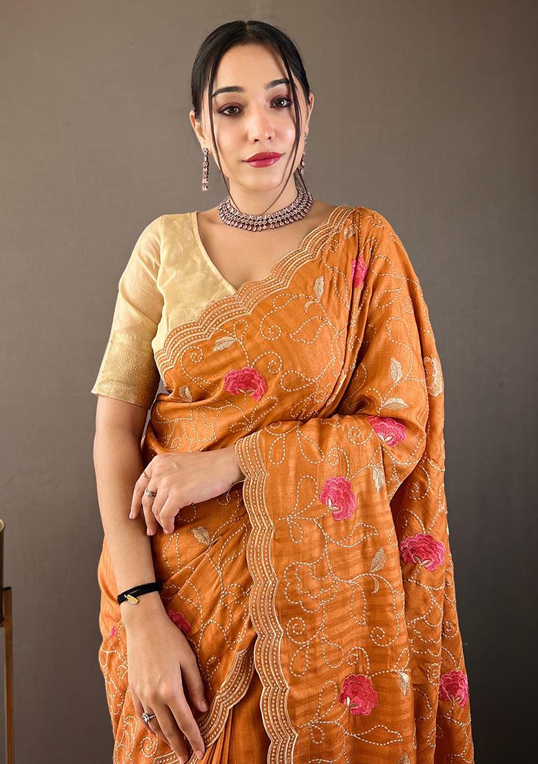 Orange Embroidered Pure Tussar Silk Saree Set With Blouse