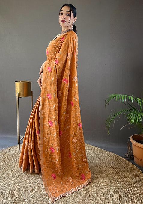 Orange Embroidered Pure Tussar Silk Saree Set With Blouse