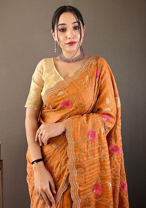 Orange Embroidered Pure Tussar Silk Saree Set With Blouse