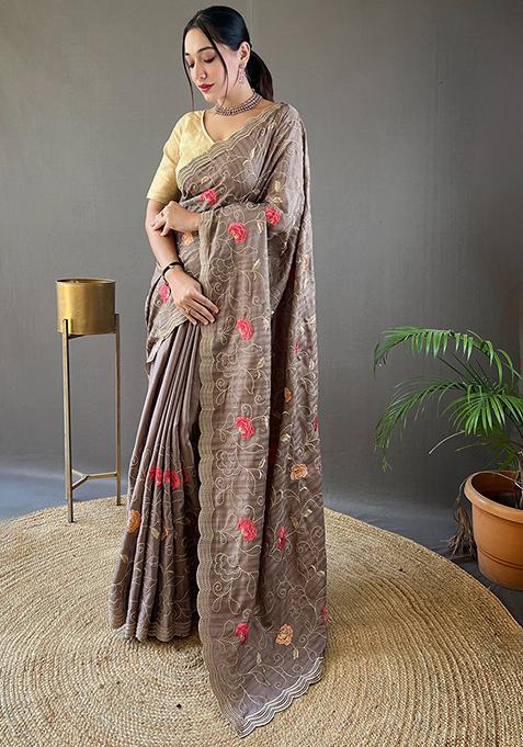Grey Embroidered Pure Tussar Silk Saree Set With Blouse