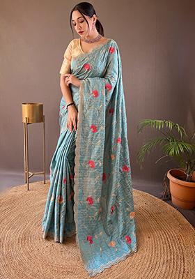 Light Blue Embroidered Pure Tussar Silk Saree Set With Blouse