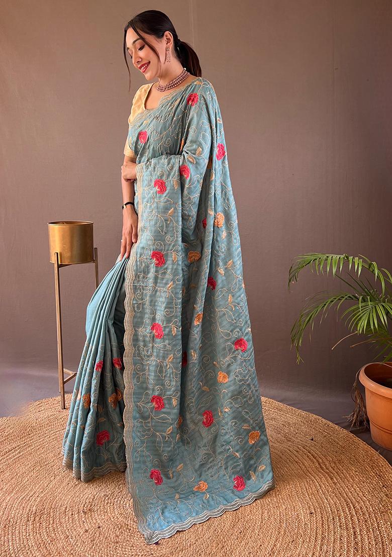 Light Blue Embroidered Pure Tussar Silk Saree Set With Blouse