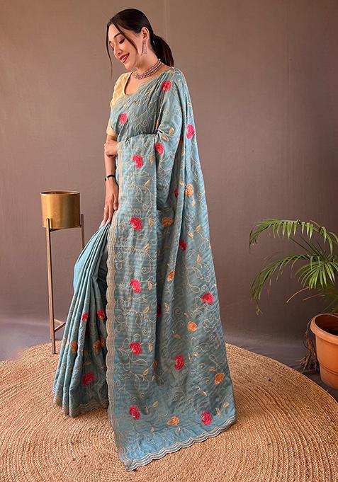 Light Blue Embroidered Pure Tussar Silk Saree Set With Blouse