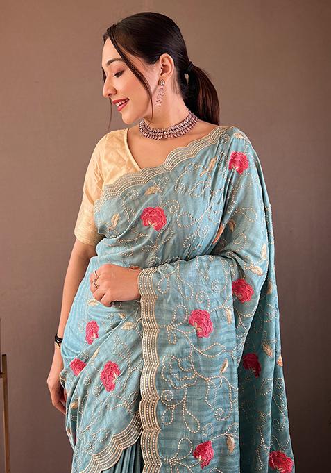 Light Blue Embroidered Pure Tussar Silk Saree Set With Blouse