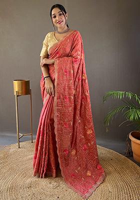Peach Embroidered Pure Tussar Silk Saree Set With Blouse
