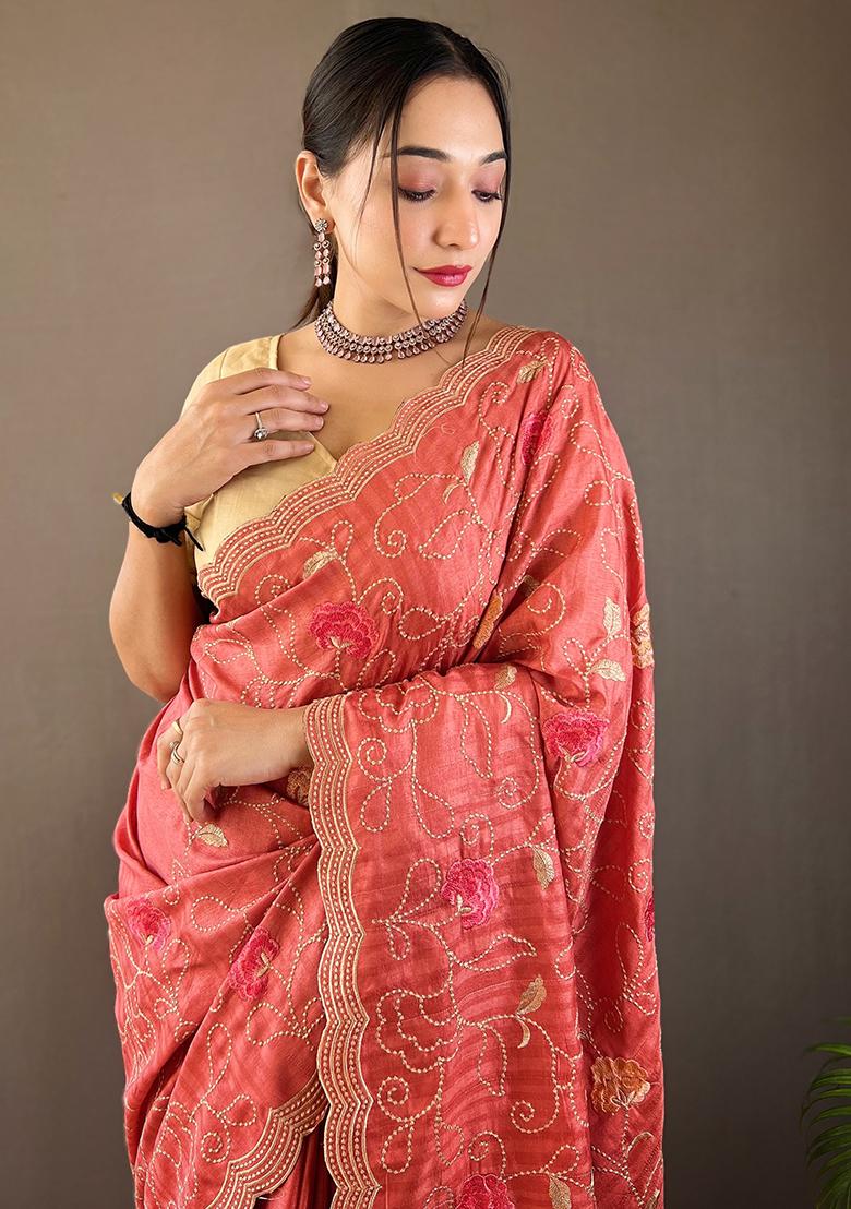 Peach Embroidered Pure Tussar Silk Saree Set With Blouse