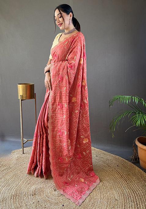 Peach Embroidered Pure Tussar Silk Saree Set With Blouse