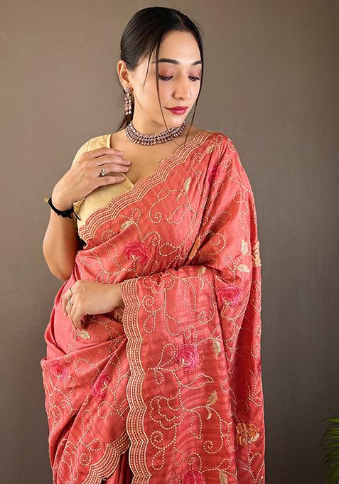 Peach Embroidered Pure Tussar Silk Saree Set With Blouse