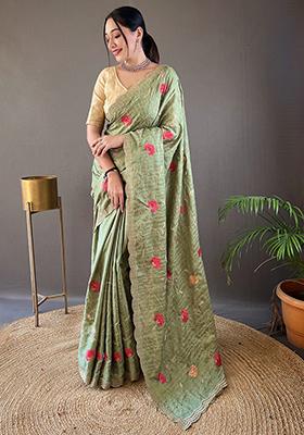 Light Green Embroidered Pure Tussar Silk Saree Set With Blouse
