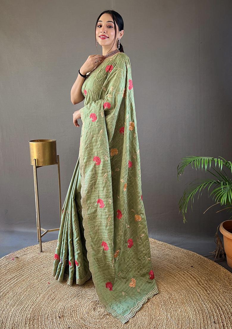 Light Green Embroidered Pure Tussar Silk Saree Set With Blouse