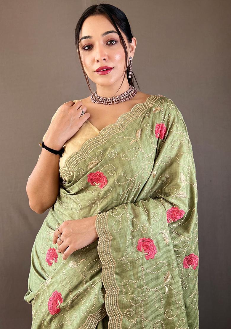 Light Green Embroidered Pure Tussar Silk Saree Set With Blouse
