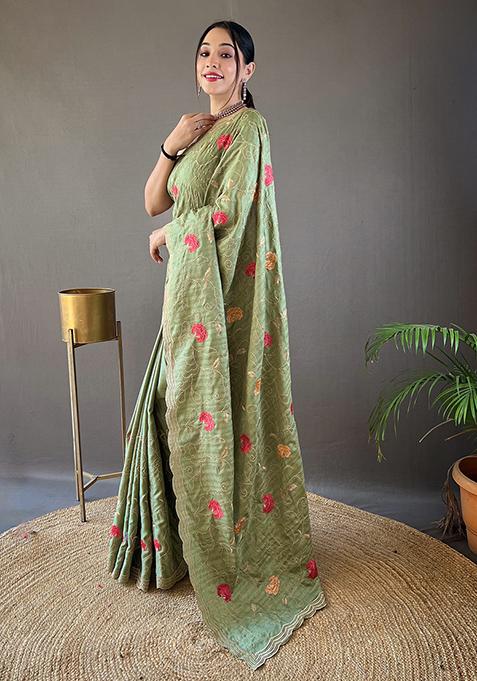 Light Green Embroidered Pure Tussar Silk Saree Set With Blouse