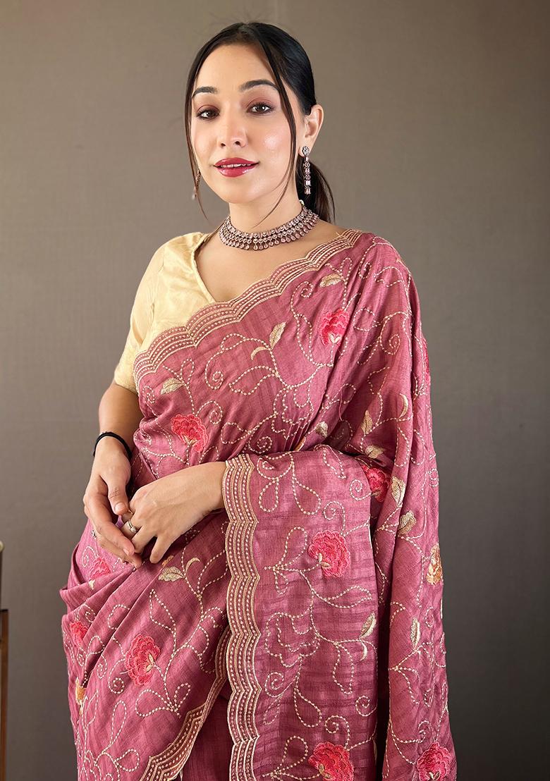 Pink Embroidered Pure Tussar Silk Saree Set With Blouse
