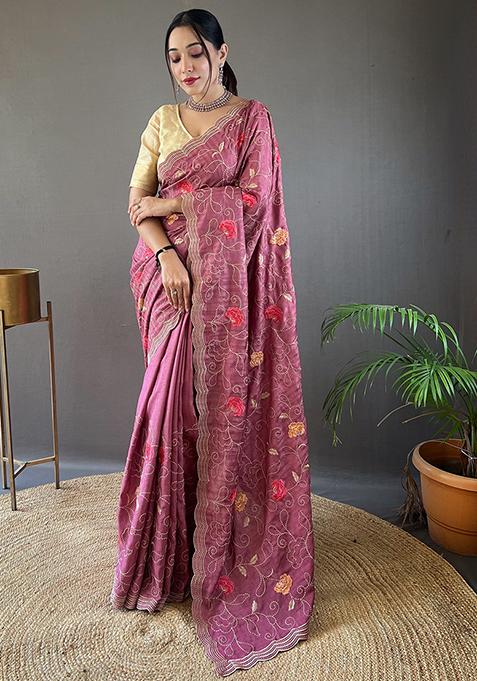 Pink Embroidered Pure Tussar Silk Saree Set With Blouse