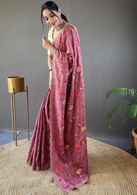 Pink Embroidered Pure Tussar Silk Saree Set With Blouse