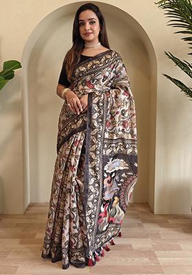 Sky Blue Kalamkari Chanderi Saree Set With Blouse