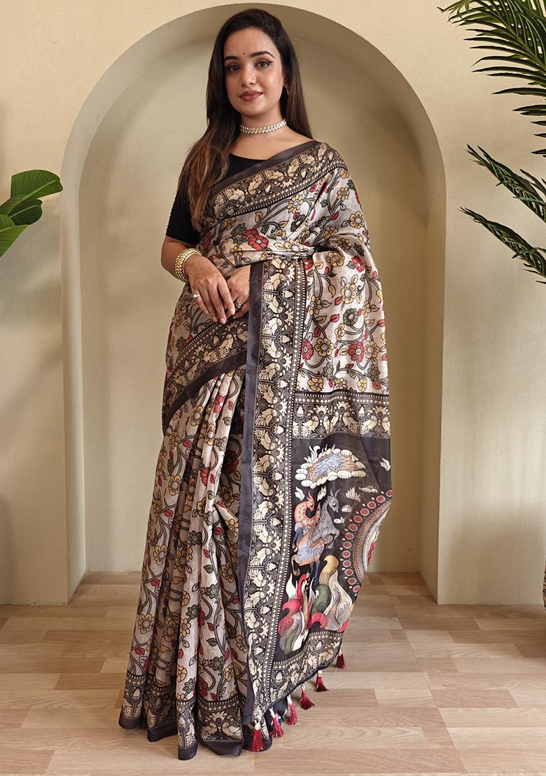 Sky Blue Kalamkari Chanderi Saree Set With Blouse