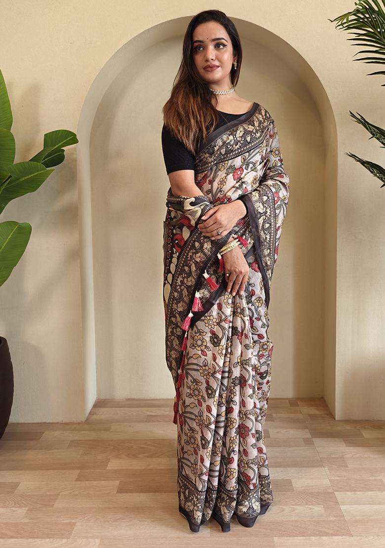 Sky Blue Kalamkari Chanderi Saree Set With Blouse