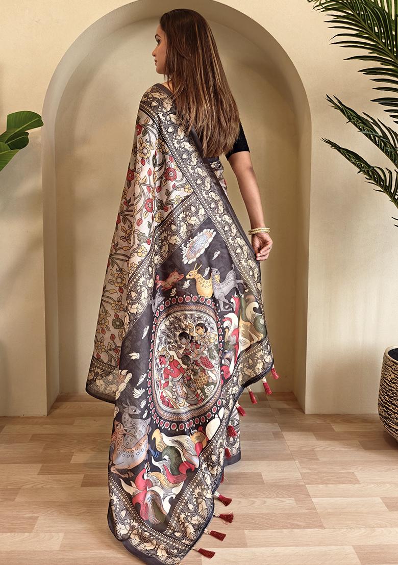 Sky Blue Kalamkari Chanderi Saree Set With Blouse