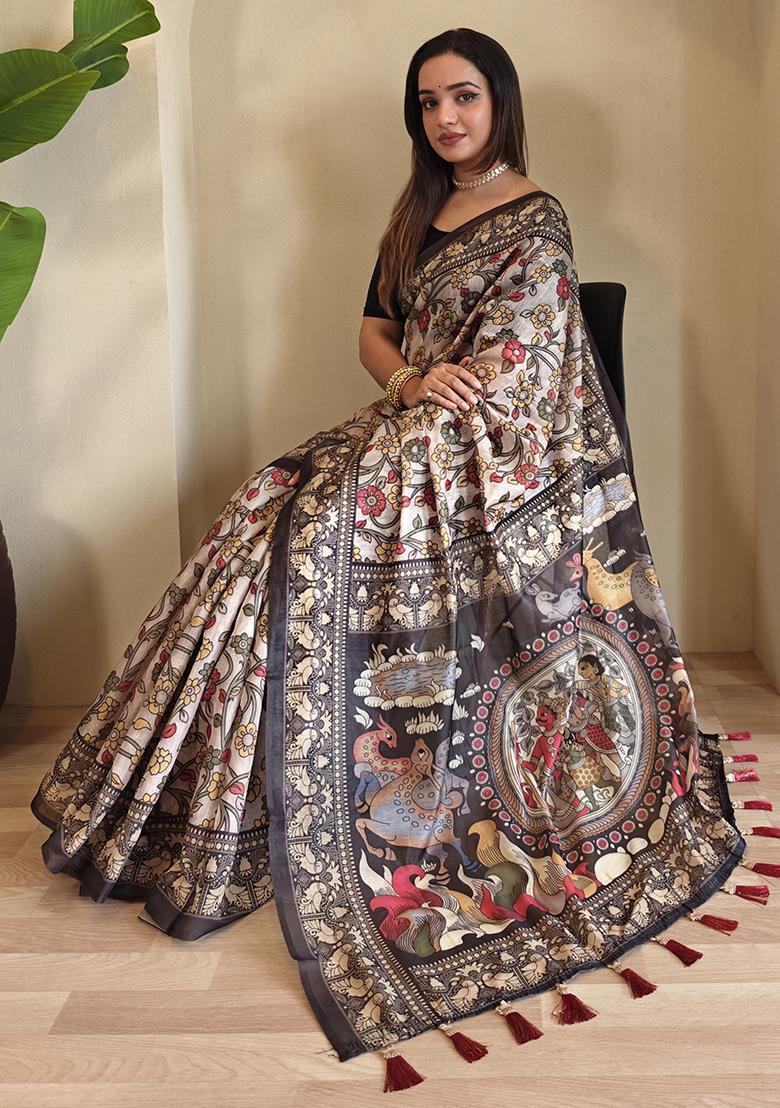 Sky Blue Kalamkari Chanderi Saree Set With Blouse