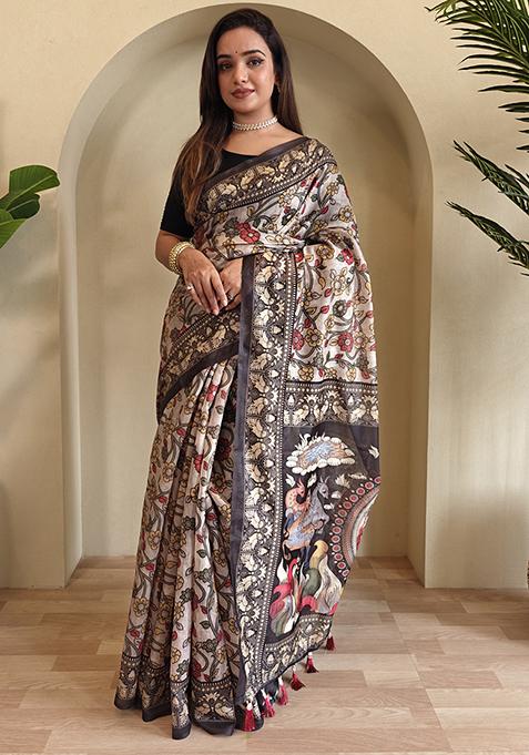 Sky Blue Kalamkari Chanderi Saree Set With Blouse