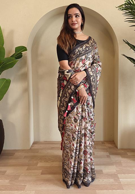 Sky Blue Kalamkari Chanderi Saree Set With Blouse