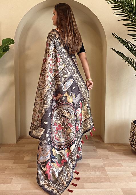 Sky Blue Kalamkari Chanderi Saree Set With Blouse