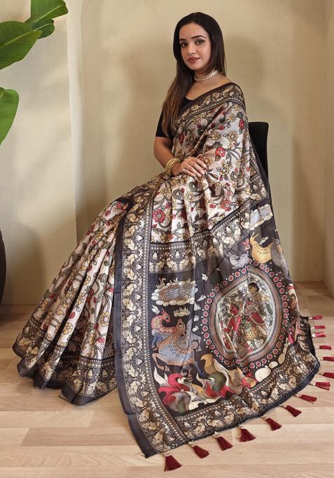 Sky Blue Kalamkari Chanderi Saree Set With Blouse