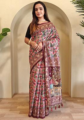 Light Blue Kalamkari Chanderi Saree Set With Blouse