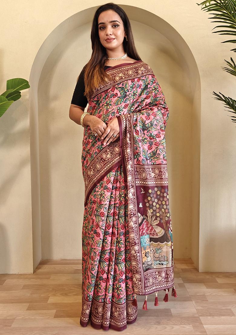 Light Blue Kalamkari Chanderi Saree Set With Blouse