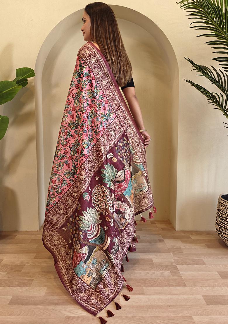 Light Blue Kalamkari Chanderi Saree Set With Blouse