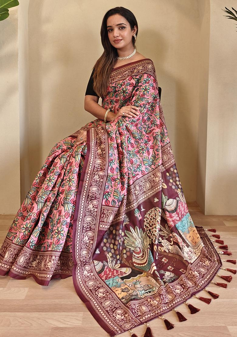 Light Blue Kalamkari Chanderi Saree Set With Blouse