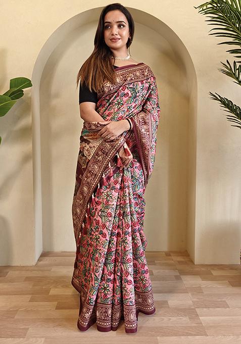 Light Blue Kalamkari Chanderi Saree Set With Blouse