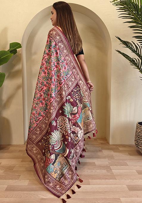 Light Blue Kalamkari Chanderi Saree Set With Blouse