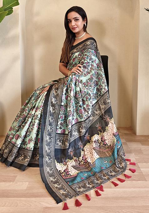 Beige Kalamkari Chanderi Saree Set With Blouse