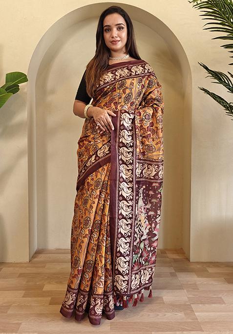 Pink Kalamkari Chanderi Saree Set With Blouse